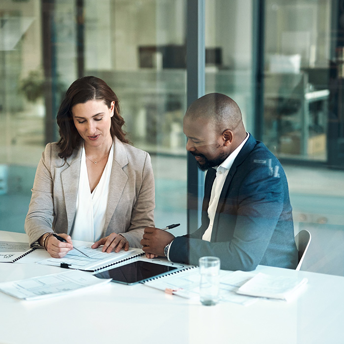 Woman and man work together on an audit