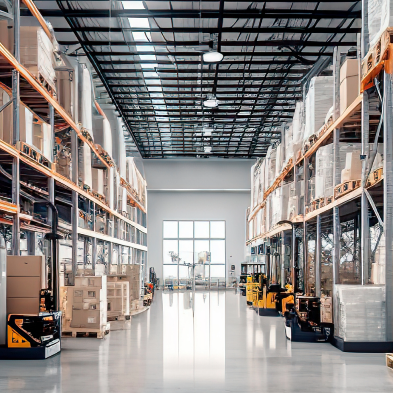 An aisle in a brightly lit warehouse