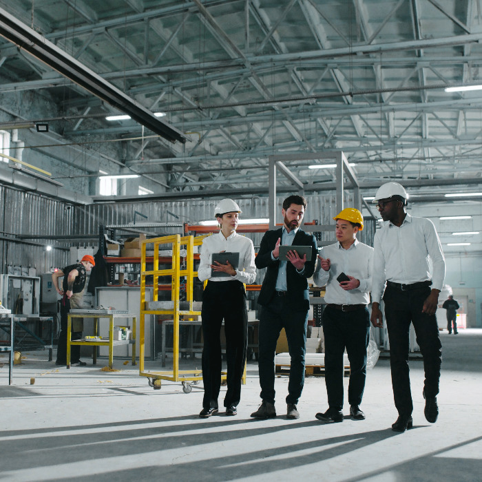 Four people standing in a line in discussion in a large warehouse building