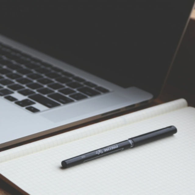 a laptop on a desk with a notebook and pen