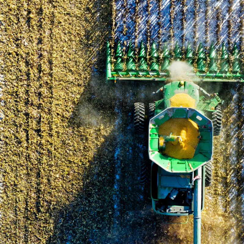 Aerial view of a tractor plowing a field with purple colored crops